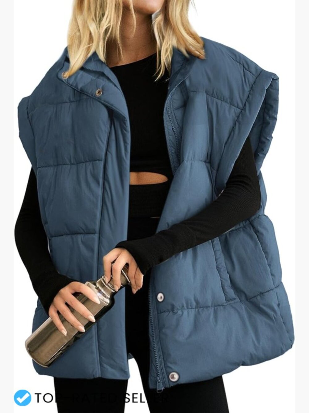 Oversized Quilted Puffer Vest Sleeveless Zip Stand Collar Warm Winter Layering
